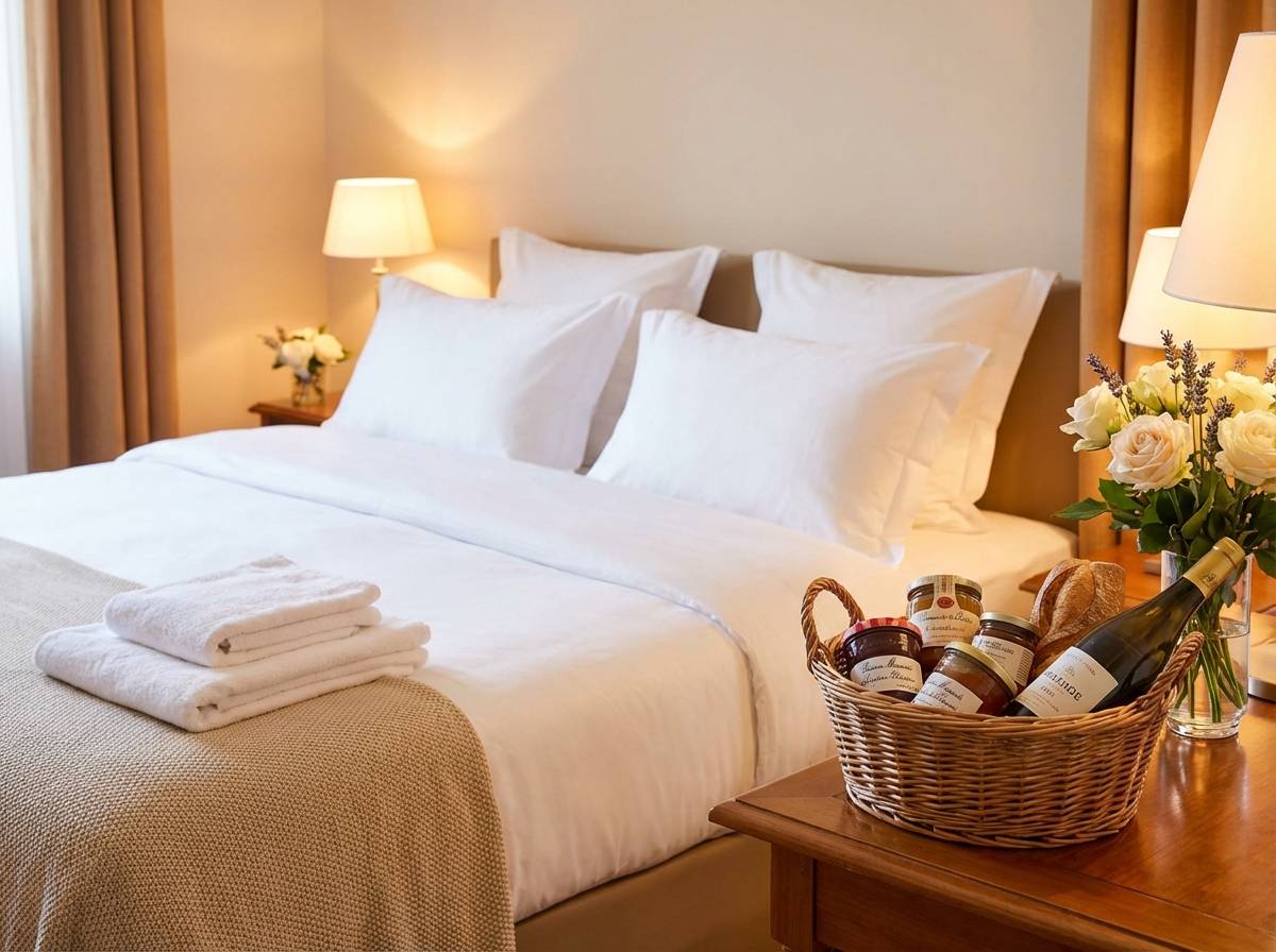 Lit premium avec panier de bienvenue pr&eacute;par&eacute; par Les Cl&eacute;s d'Or