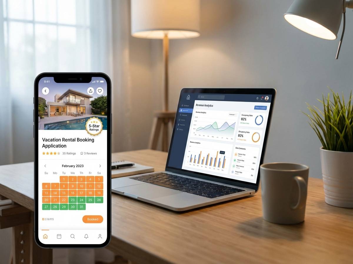 Smartphone avec application de r&eacute;servation et laptop analytics